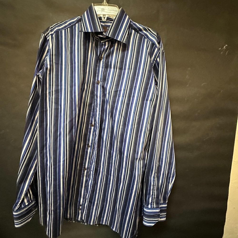Etro Blue Button Down Shirt Dress Formal Cotton Size XL Extra Large 43 Striped - Picture 3 of 8